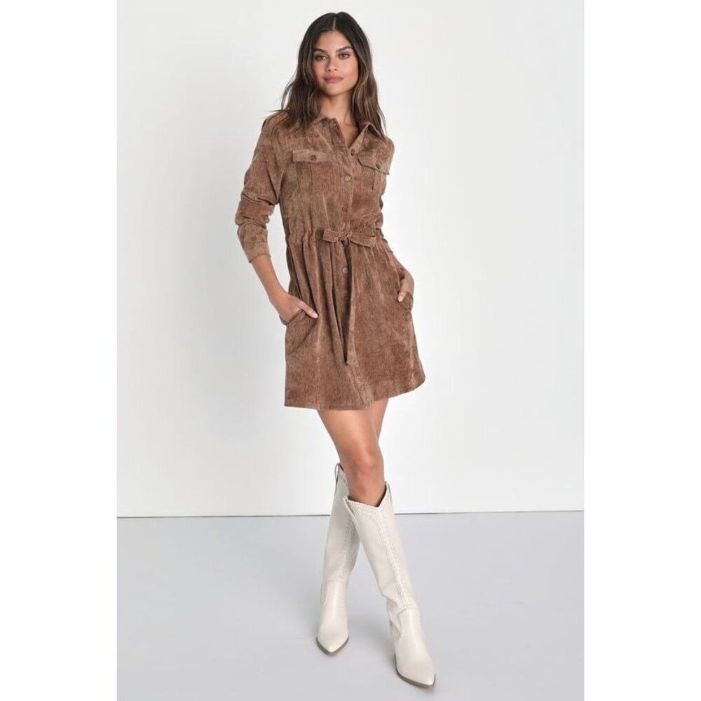 Lulus Simple Affection Brown Corduroy Mini Dress With Pockets - Size S